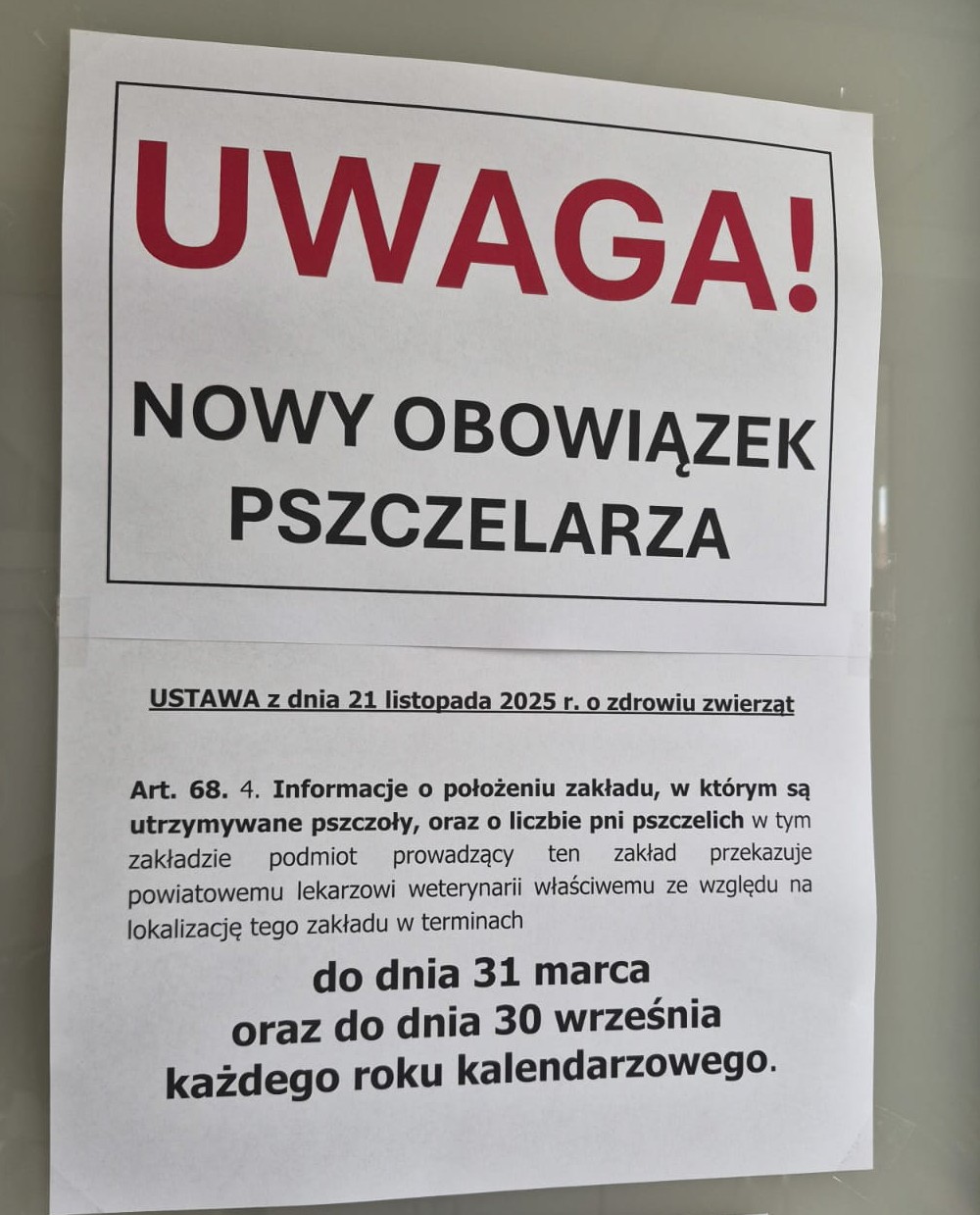 Nowy obowiązek pszczelarza